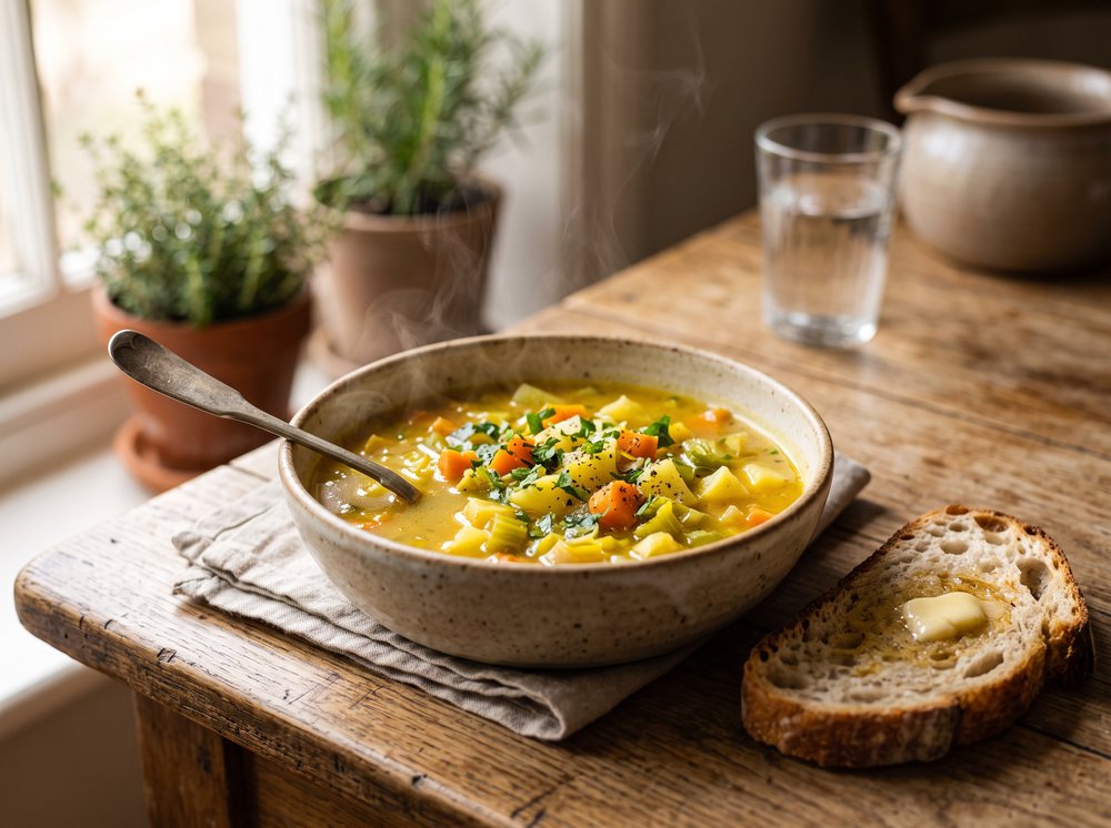 Dampfende Suppe mit Brot auf dem Küchentisch