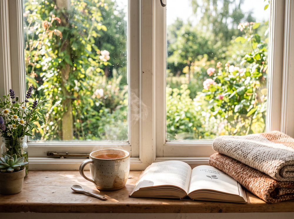 Tasse Tee am sonnigen Fenster mit Decke und Buch