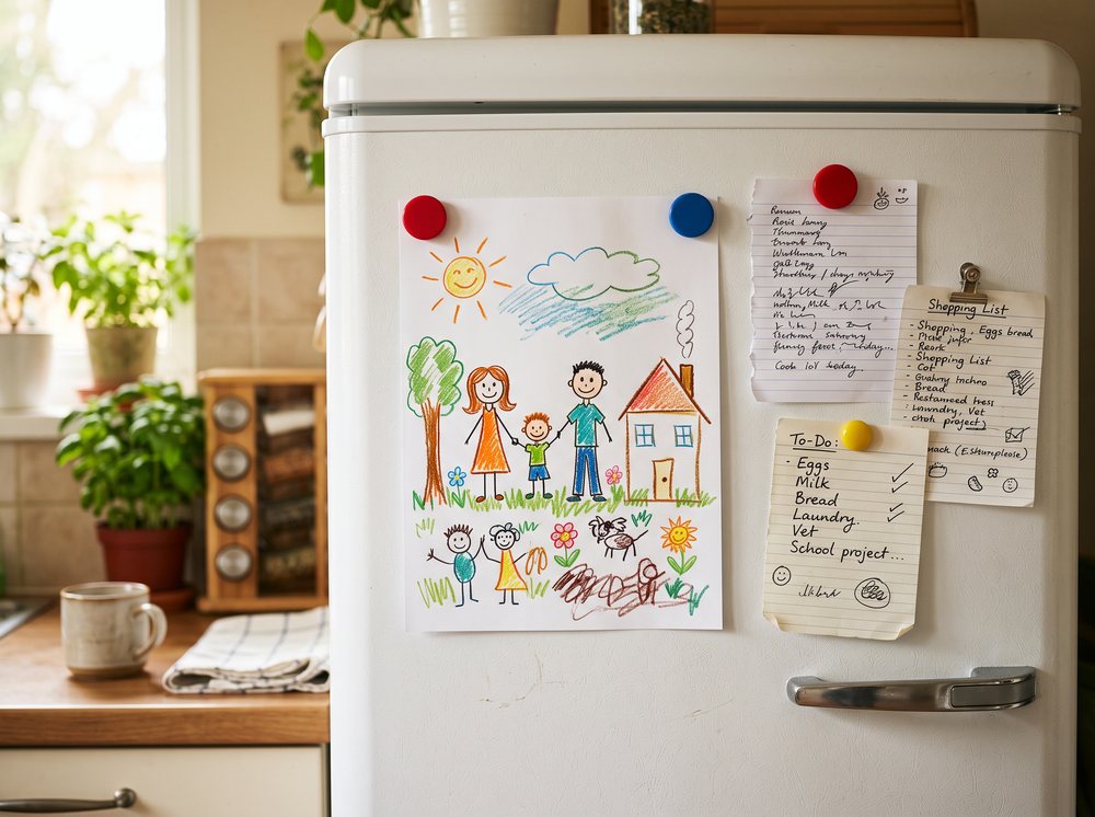 Kühlschrank mit Kinderzeichnung und Notizen