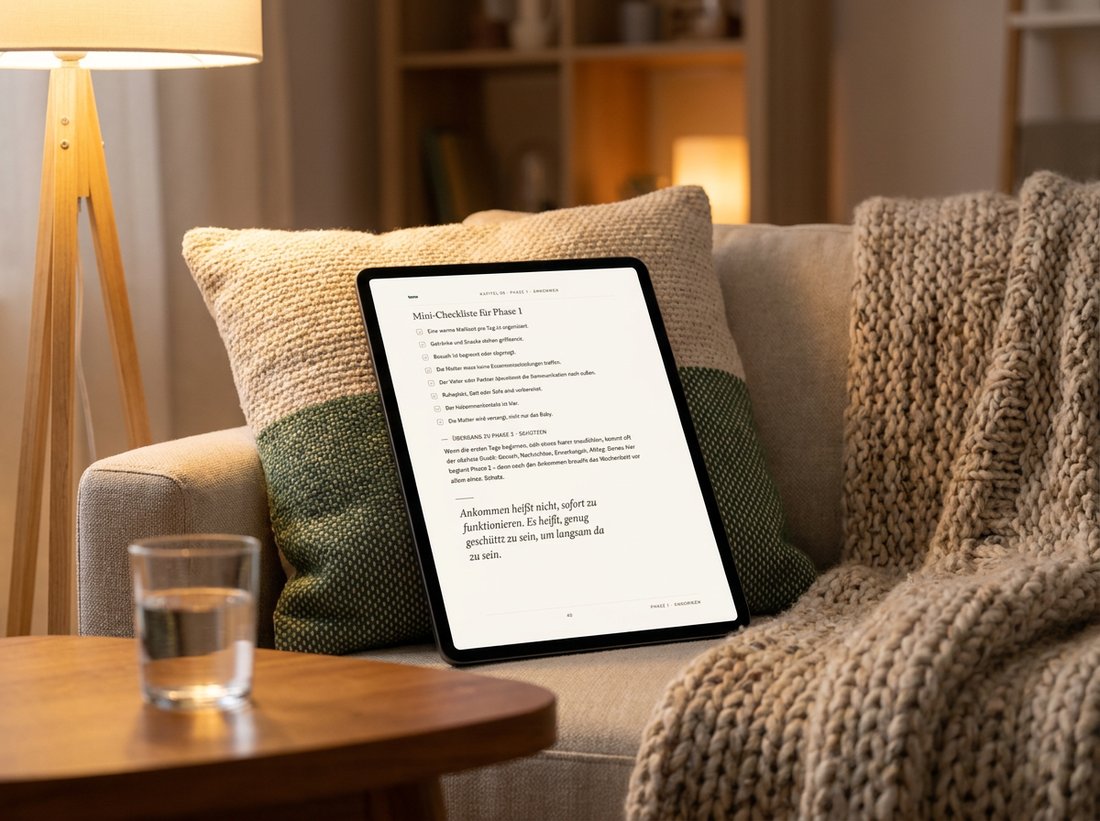 tomo Wochenbett-Begleiter auf dem Tablet auf dem Sofa