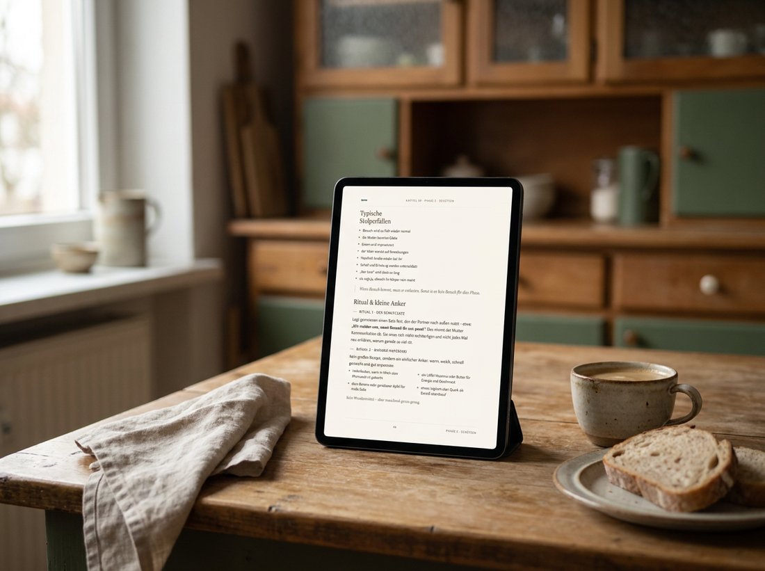 tomo Wochenbett-Begleiter auf dem Tablet am Küchentisch